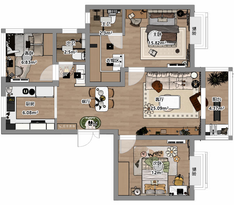 刘晓芳｜三金鑫宁府3-3-1105-95㎡-现代原木风格｜3室2厅2卫｜老房装修｜半包6